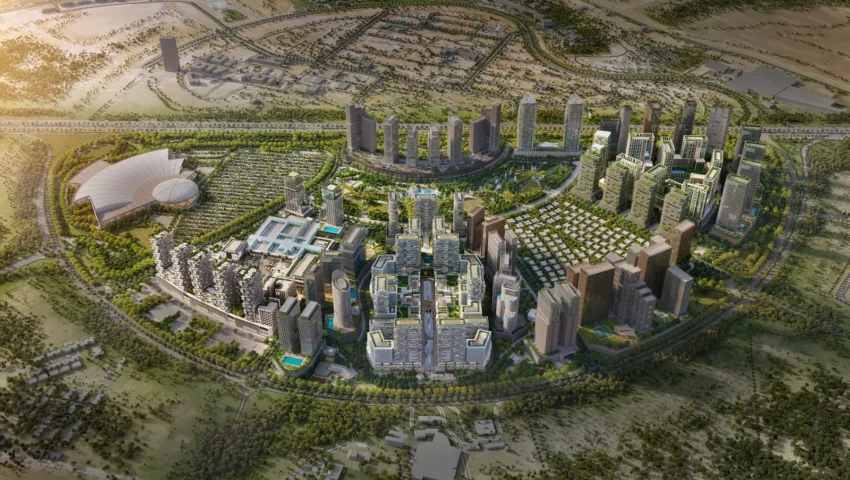 Azizi Milan apartments at City of Arabia with landscaped surroundings and green design