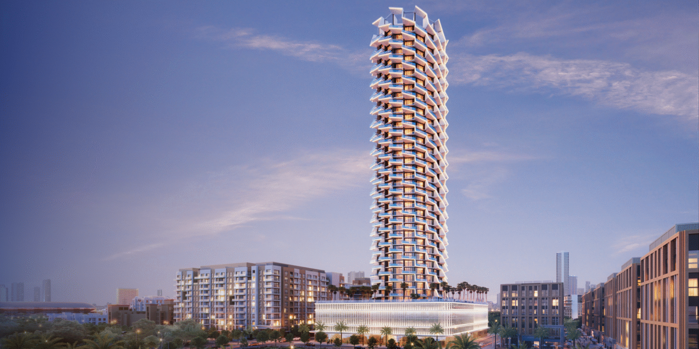Modern Laxmi-branded residential building with Binghatti-inspired geometric design, bold facade, and angular balconies.