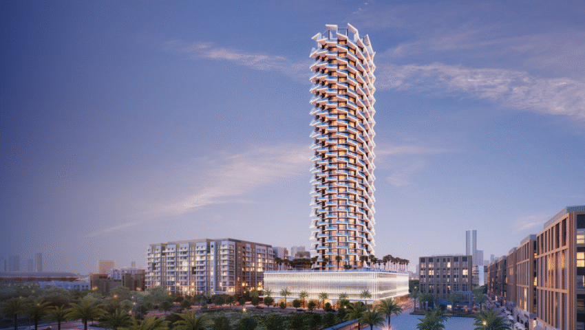 Modern Laxmi-branded residential building with Binghatti-inspired geometric design, bold facade, and angular balconies.