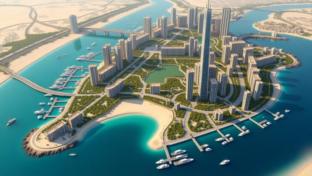 Top-down aerial render of Dubai Creek Harbour masterplan featuring residential towers, Dubai Creek Tower, a luxury marina with yachts, retail zones, green parks, and a flowing waterfront, designed in a clean and modern urban layout. 