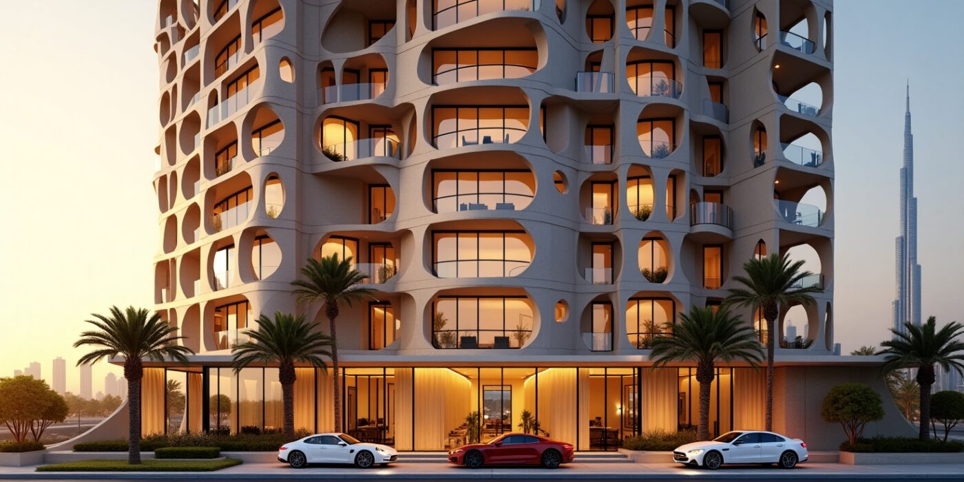 Exterior view of Binghatti Apartments in Dubai showcasing modern architecture with geometric design and luxury finishes.
