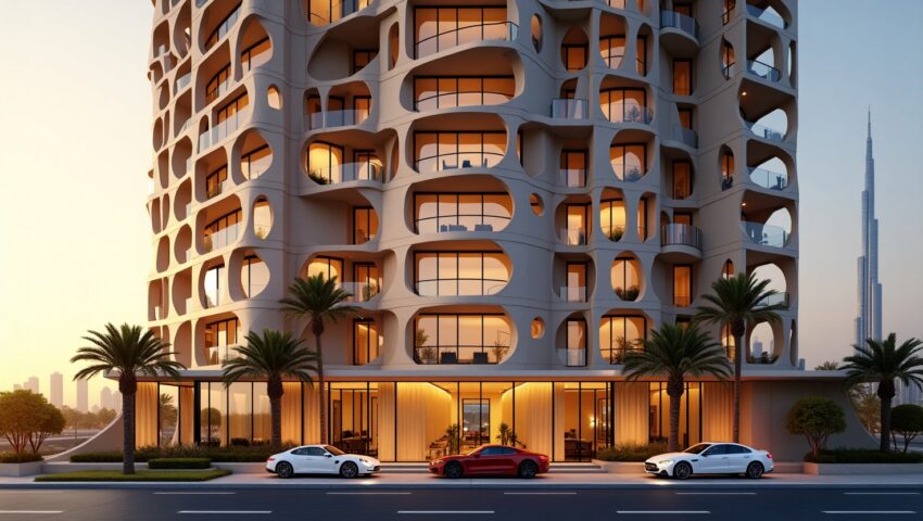 Exterior view of Binghatti Apartments in Dubai showcasing modern architecture with geometric design and luxury finishes.