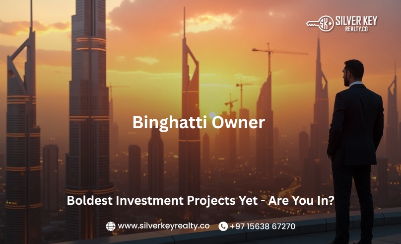 Dubai skyline featuring Binghatti-style towers with bold architecture and text overlay saying “Binghatti Owner’s Boldest Investment Projects Yet - Are You In?”
