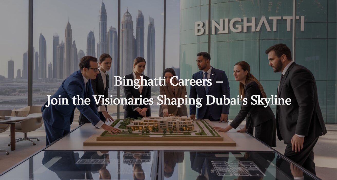 Diverse real estate professionals collaborating in a modern Dubai office with Binghatti branding – Binghatti Careers