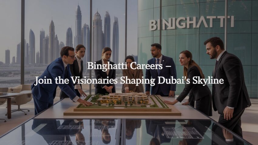 Diverse real estate professionals collaborating in a modern Dubai office with Binghatti branding – Binghatti Careers