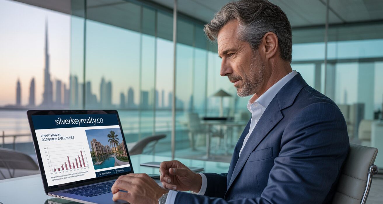"Overseas investor exploring Dubai properties online with SilverKeyRealty.co, featuring iconic skyline views."