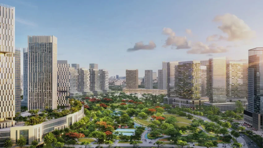 Evening view of Azizi Milan with lights reflecting sustainable living ambiance
